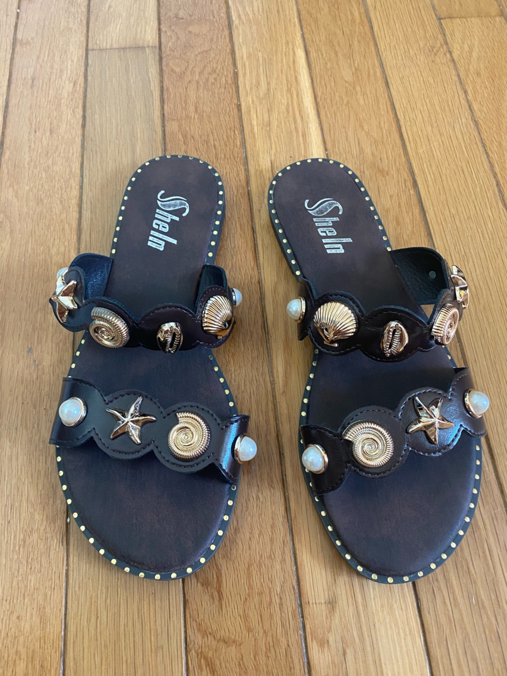 SHEIN Brown Slide Sandals with Gold Seashell & Pearl Accents